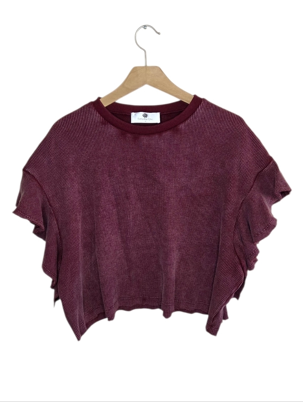 Everyday Chic Boutique Burgundy Waffle Flutter Sleeve Thermal Top Size Medium